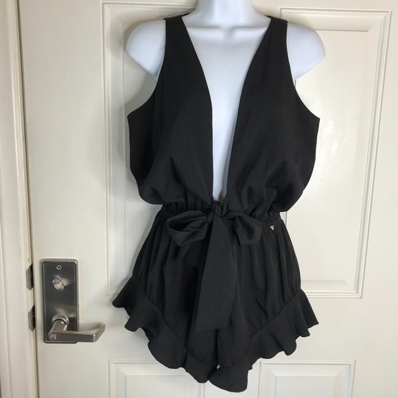 Guess Pants - NWT Guess Sleeveless Deep-V Tie Waist Romper Jet Black